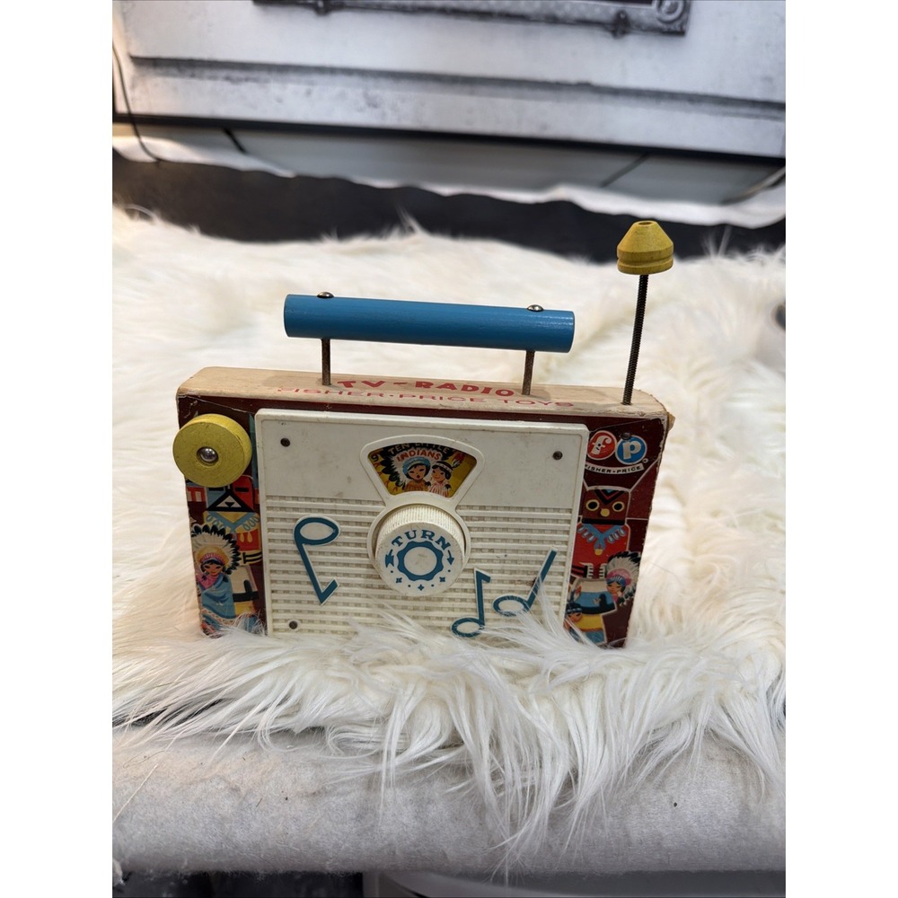 Vintage 1961 Fisher Price Wooden TV-Radio Ten Little Indians Wind Up Music Works